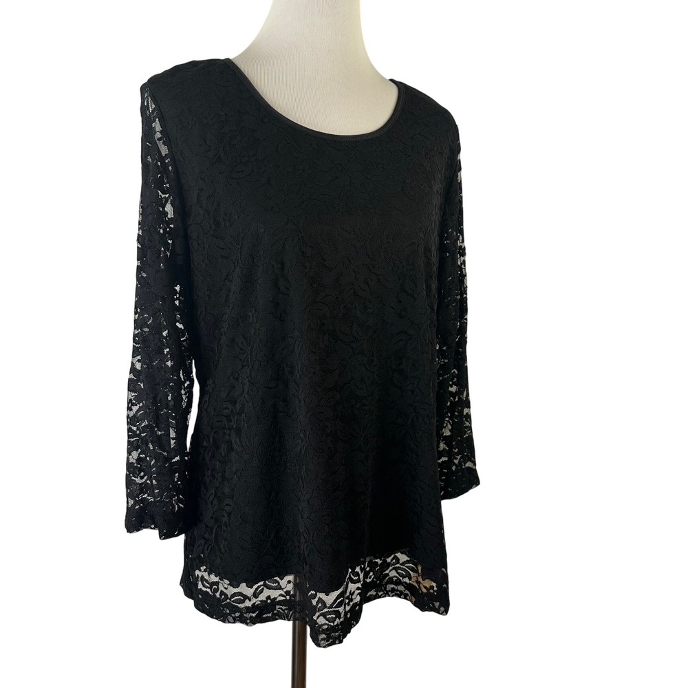 Choices Black Floral Lace 3/4 Sleeve Lined Blouse Top Gothic Romantic‎ Womens L
